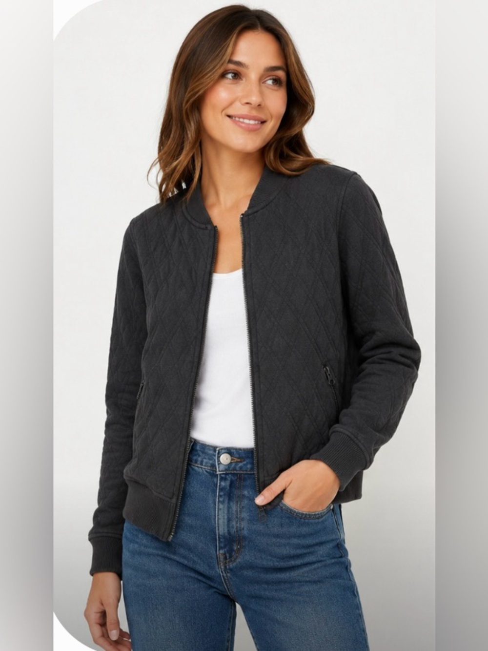 PACT Organic Cotton Quilted Bomber Jacket Small Charcoal Gray Zip Lightweight